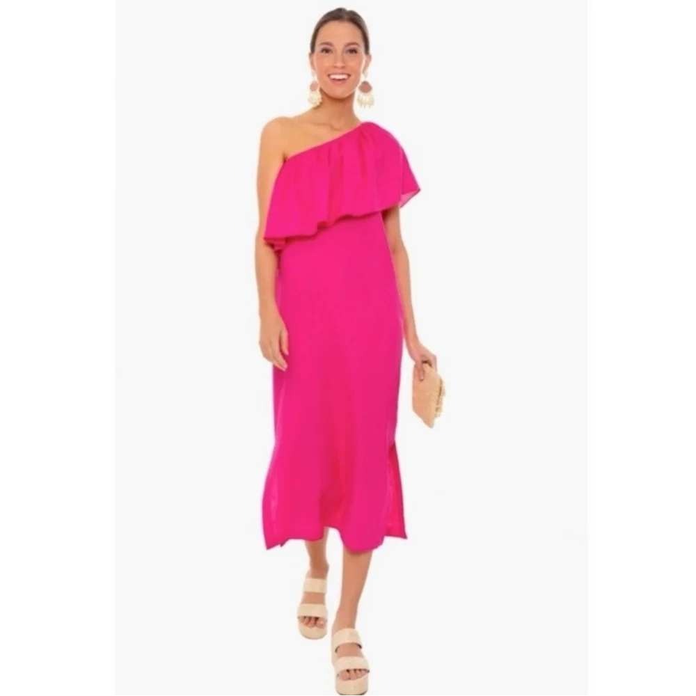 Pomander Place Florencia One Shoulder Dress Womens XS Pink Ruffle Linen Blend
